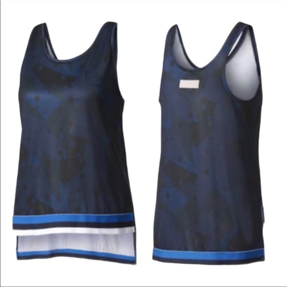 Adidas Trefoil Geometric Printed Mesh Hi-Low Tank Top Navy Blue Size Medium EUC - Picture 1 of 10